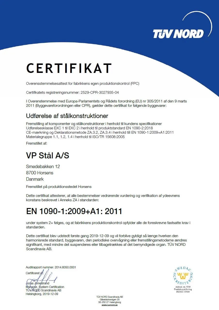 Certifikat EN 1090-1:2009+A1:2011